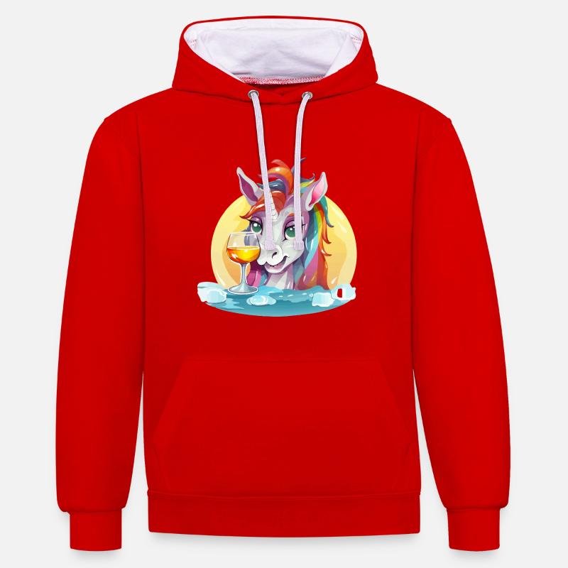 Buntes Einhorn mit Wein - Kontrast-Hoodie - Rot/Weiß