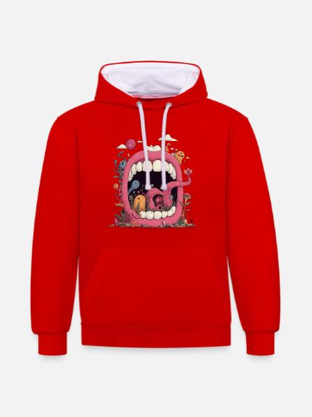 Pink Mouth World with Creatures - Contrast hoodie - red/white