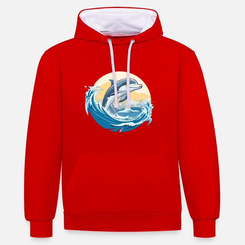Saut de dauphin par-dessus une vague - Sweat à capuche contrasté - rouge/blanc