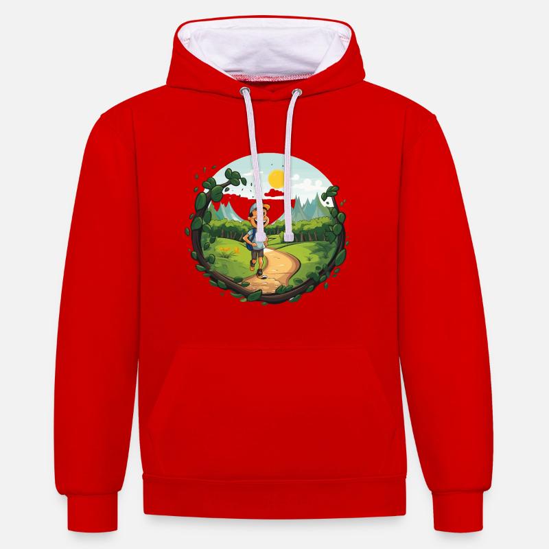 Randonneurs sur le sentier forestier - Sweat à capuche contrasté - rouge/blanc