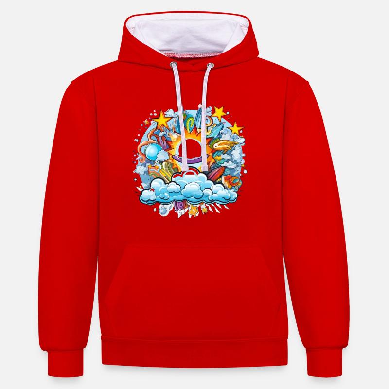 Kosmische Sonnenflug Doodle - Kontrast-Hoodie - Rot/Weiß