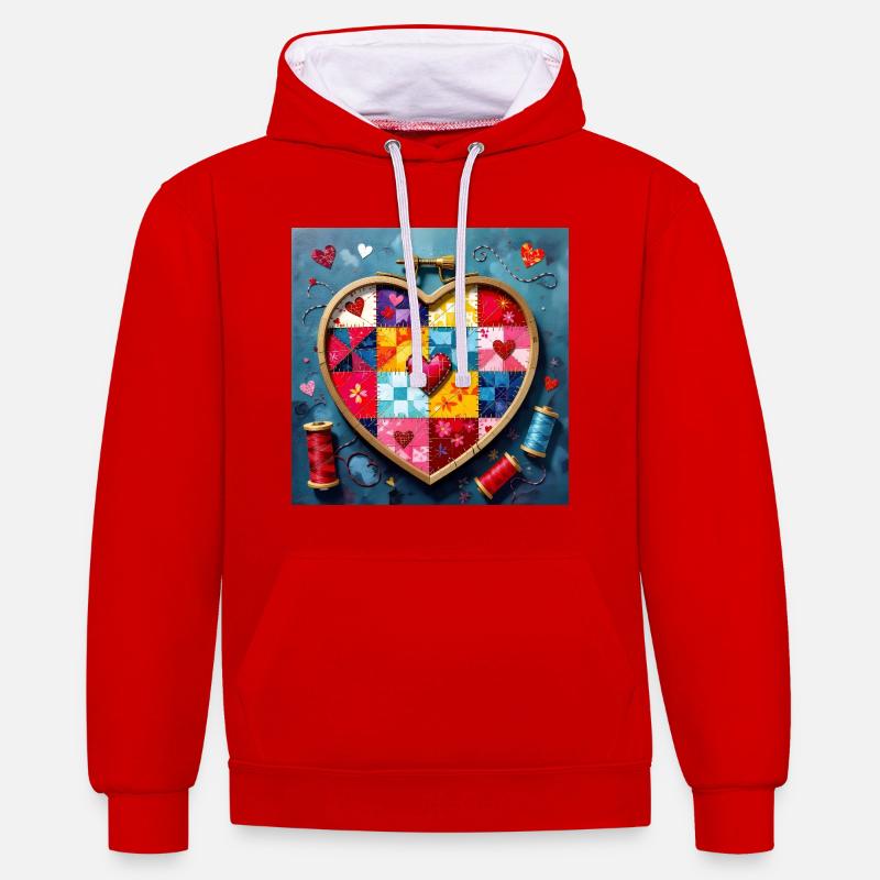Art patchwork en cœur - Sweat à capuche contrasté - rouge/blanc