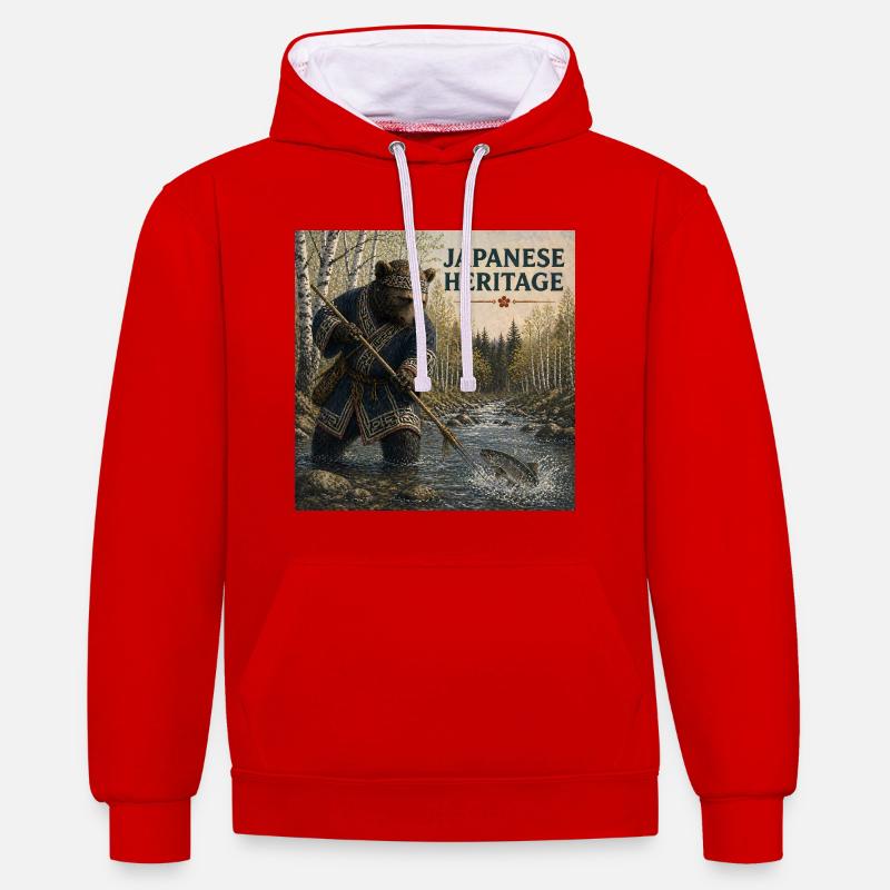 Conception japonaise des Kuma Ainu - Sweat à capuche contrasté - rouge/blanc