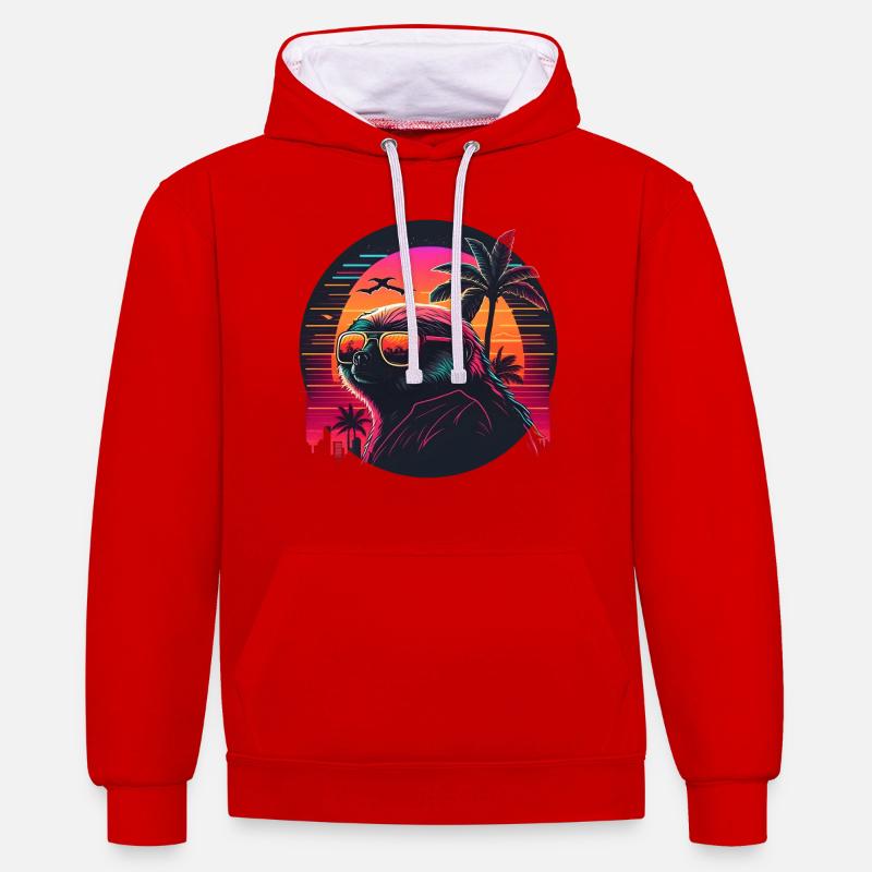 Synthwave Sloth Sunset - Sweat à capuche contrasté - rouge/blanc