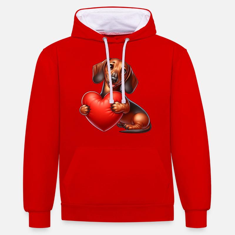 Teckel chiot dessin animé - Sweat à capuche contrasté - rouge/blanc
