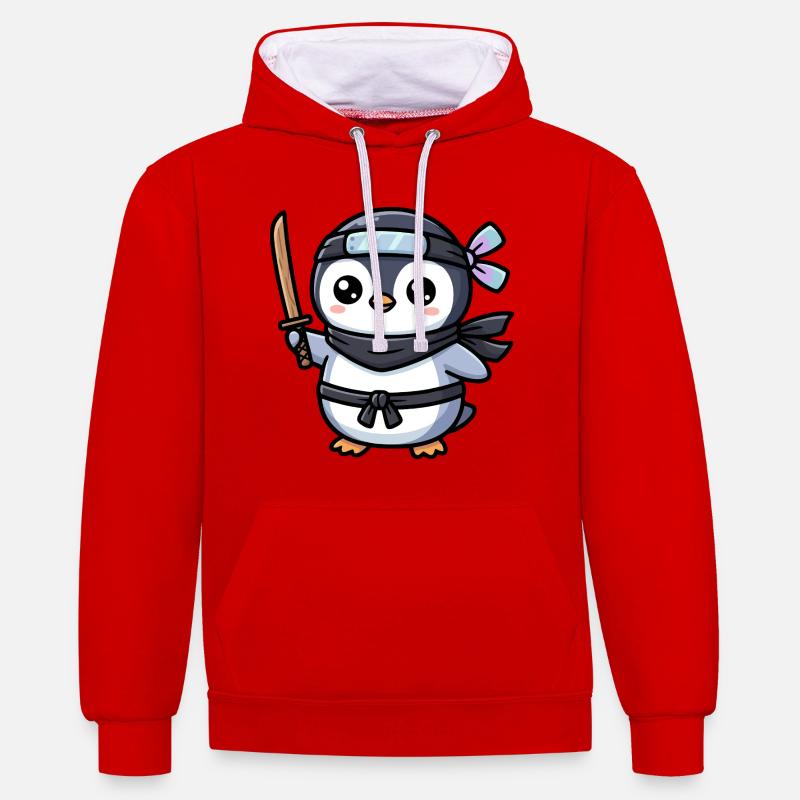 Pingouin Ninja avec Épée - Sweat à capuche contrasté - rouge/blanc