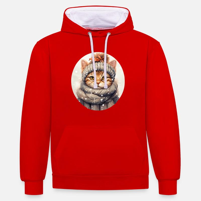 Chat en hiver - Sweat à capuche contrasté - rouge/blanc