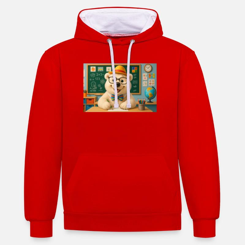ours mignon à lunettes en classe - Sweat à capuche contrasté - rouge/blanc