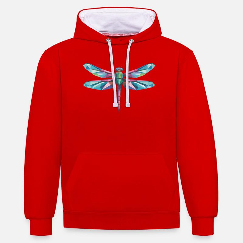 Libellule - Logo Low Poly cool - Sweat à capuche contrasté - rouge/blanc
