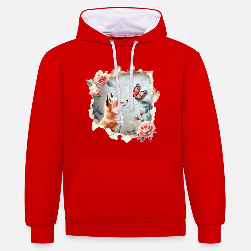 Renard avec papillon - Sweat à capuche contrasté - rouge/blanc