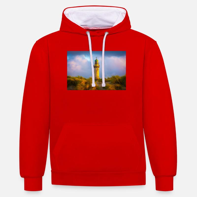 Leuchtturm Warnemünde am Abend - Kontrast-Hoodie - Rot/Weiß