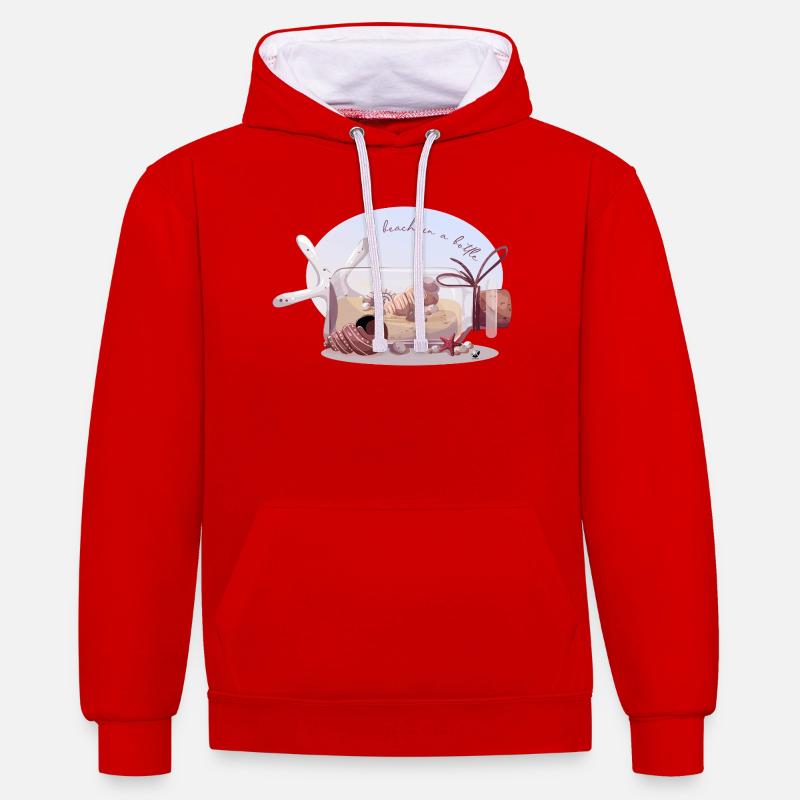 Bouteille avec sable et coquillages illustration - Sweat à capuche contrasté - rouge/blanc