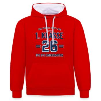 Ich rocke 1. Klasse 2026 – Abschied Kindergarten - Kontrast-Hoodie - Rot/Weiß - Vorne - Liana (172cm) & Jaron (178cm)