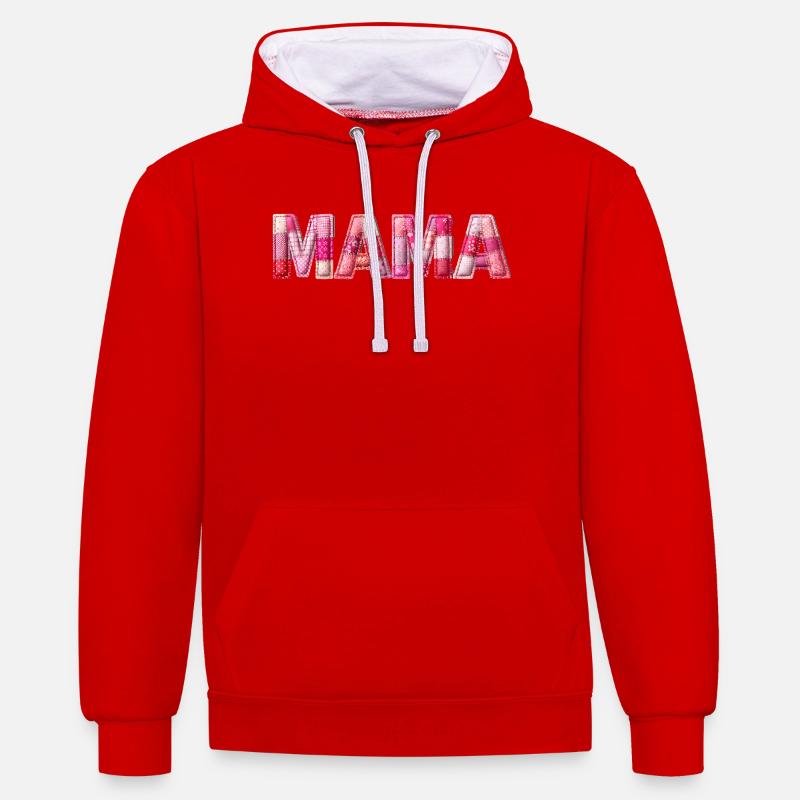 Mama Handmade Patchwork Schrift - Kontrast-Hoodie - Rot/Weiß