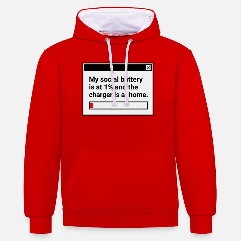 Ma batterie sociale est à 1 % - Sweat à capuche contrasté - rouge/blanc