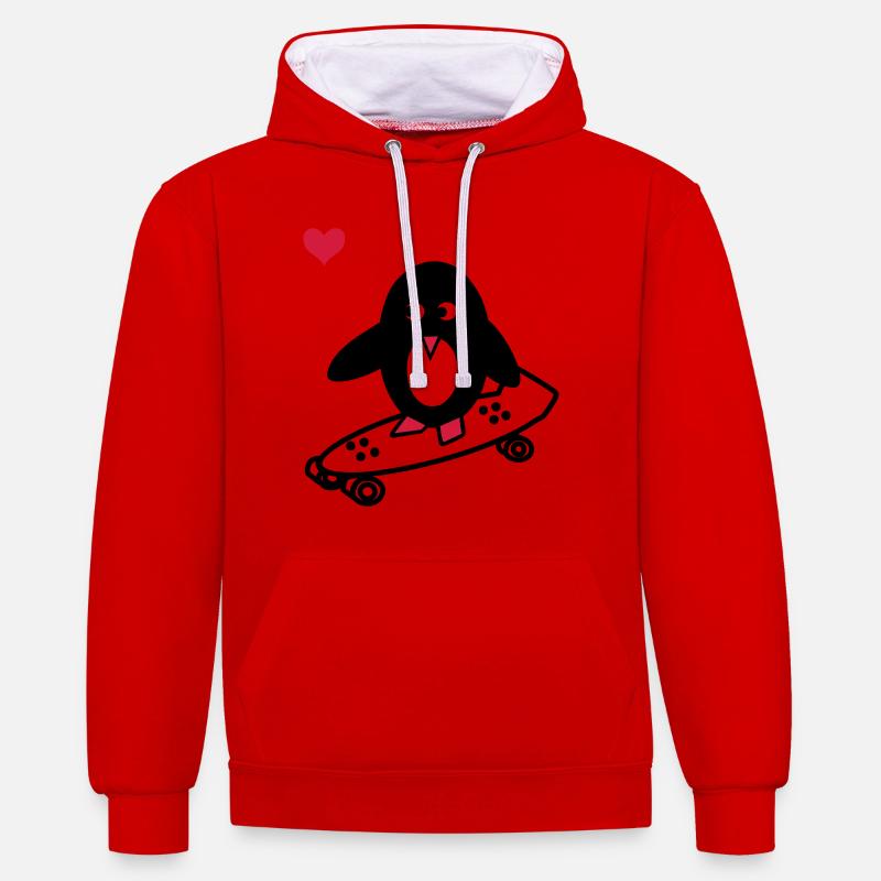 pingouin avec le skate-board - Sweat à capuche contrasté - rouge/blanc