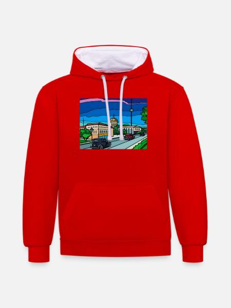 Retro City Straßenszene - Kontrast-Hoodie - Rot/Weiß