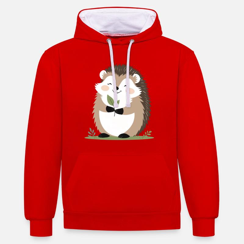 Un joli hérisson avec une feuille - Sweat à capuche contrasté - rouge/blanc