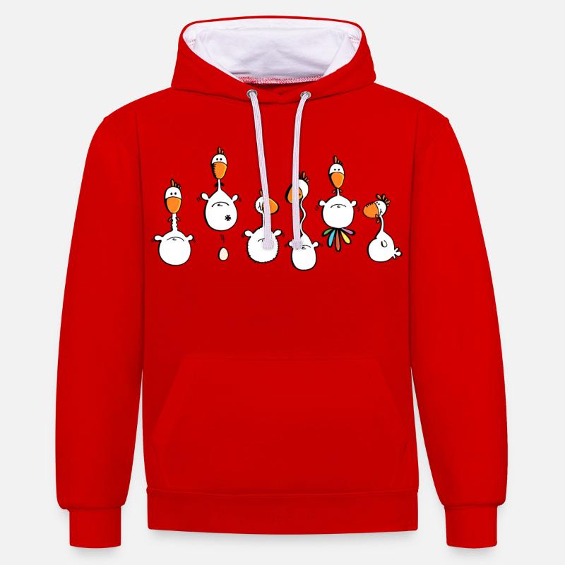Crazy Chickens - poule - poluets - coq - Sweat à capuche contrasté - rouge/blanc
