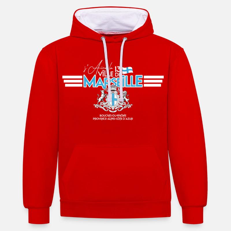 J'aime Marseille - Sweat à capuche contrasté - rouge/blanc