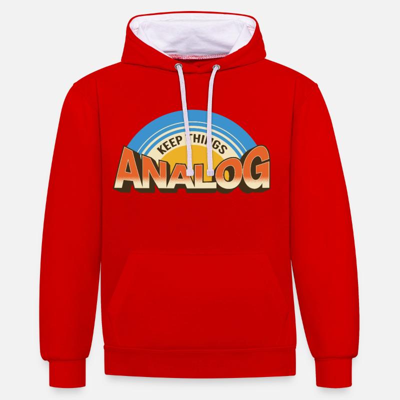 Keep Things Analog – Retro Tech-Statement - Kontrast-Hoodie - Rot/Weiß