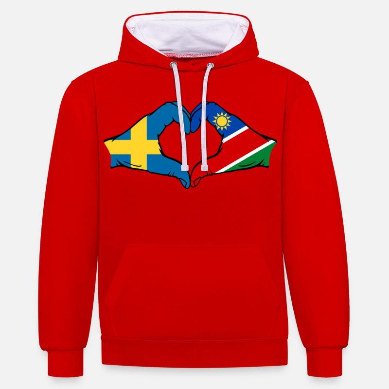 Schweden_Namibia_Flagge_Haende_Herzform - Sweat à capuche contrasté - rouge/blanc