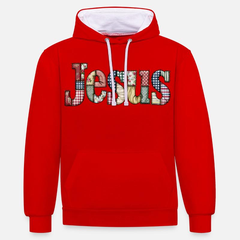 Patchwork Jesus Lettering - Contrast hoodie - red/white