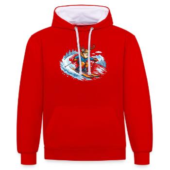 Lustiger Ski Hirsch – Comic Wintersport Motiv - Kontrast-Hoodie - Rot/Weiß - Vorne - Liana (172cm) & Jaron (178cm)