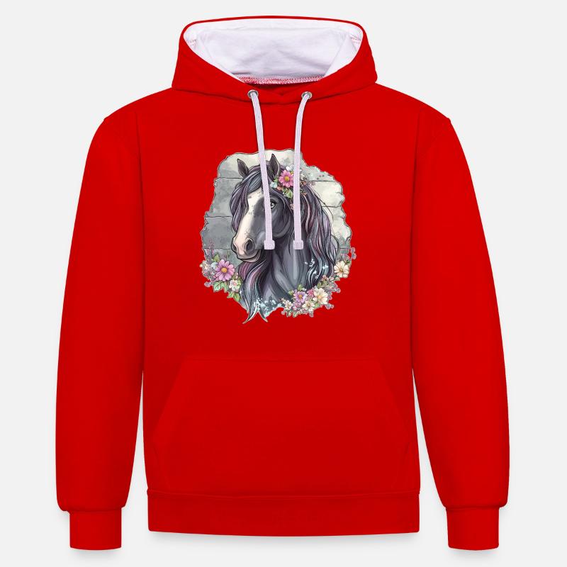Cheval aux fleurs - Sweat à capuche contrasté - rouge/blanc