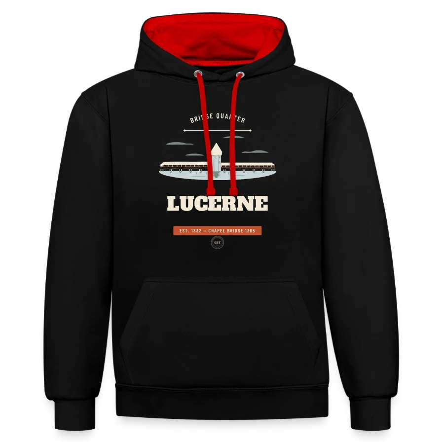 Lucerne badge on a contrast hoodie, black/red