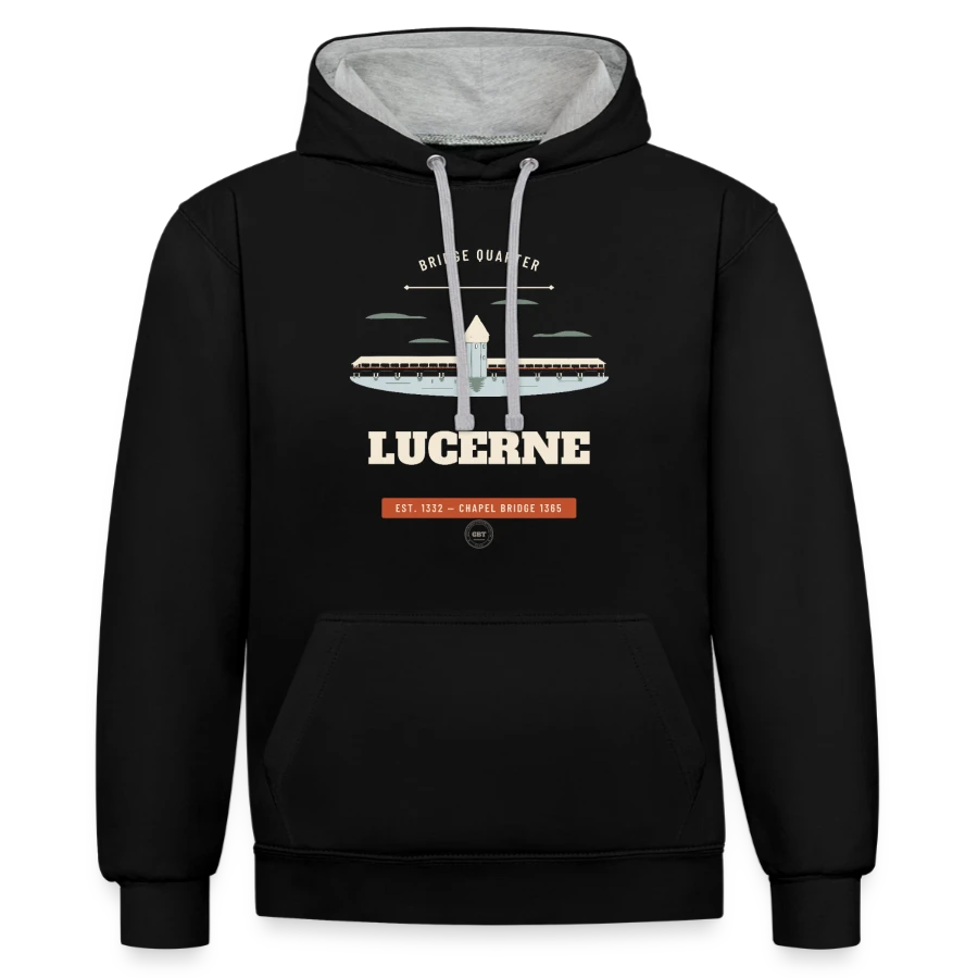 Lucerne badge on a contrast hoodie, black/heather grey