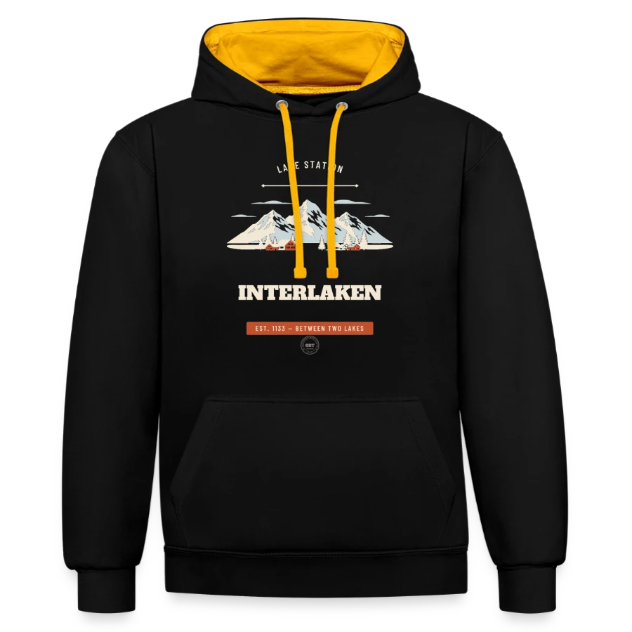 Interlaken badge on a contrast hoodie, black/gold