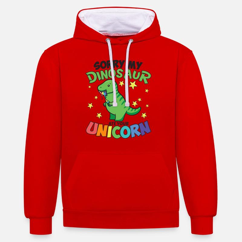 Dinosaure mangeant une dinosaure - Sweat à capuche contrasté - rouge/blanc