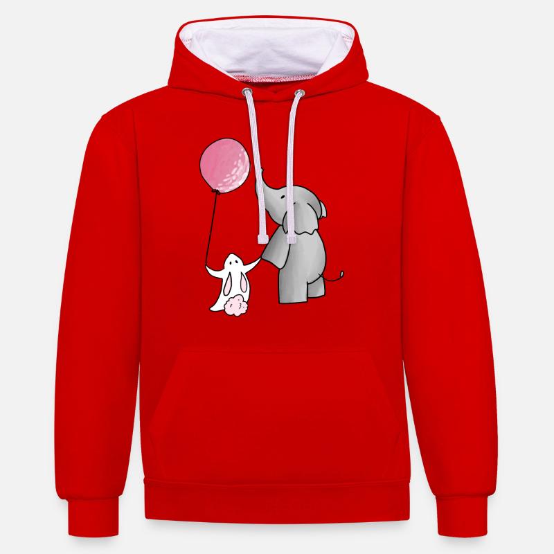 Éléphant avec lapin - Sweat à capuche contrasté - rouge/blanc