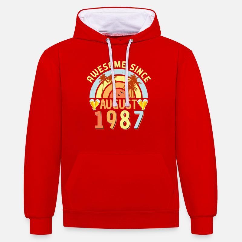 1987 Né en août - Sweat à capuche contrasté - rouge/blanc