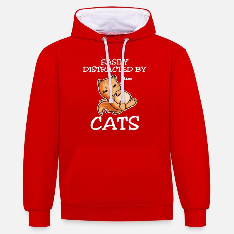 Facilement distrait par les chats - Sweat à capuche contrasté - rouge/blanc