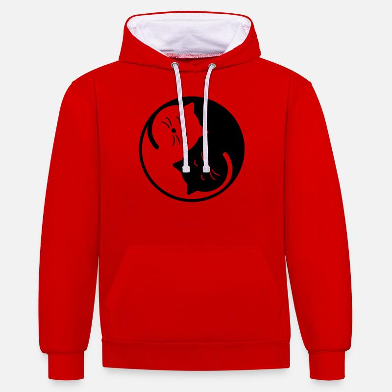 Katze - Kontrast-Hoodie - Rot/Weiß