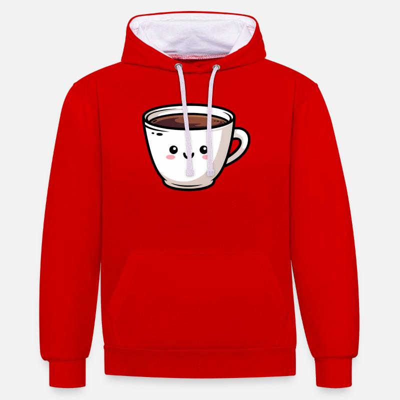Tasse à café kawaii mignonne - Sweat à capuche contrasté - rouge/blanc