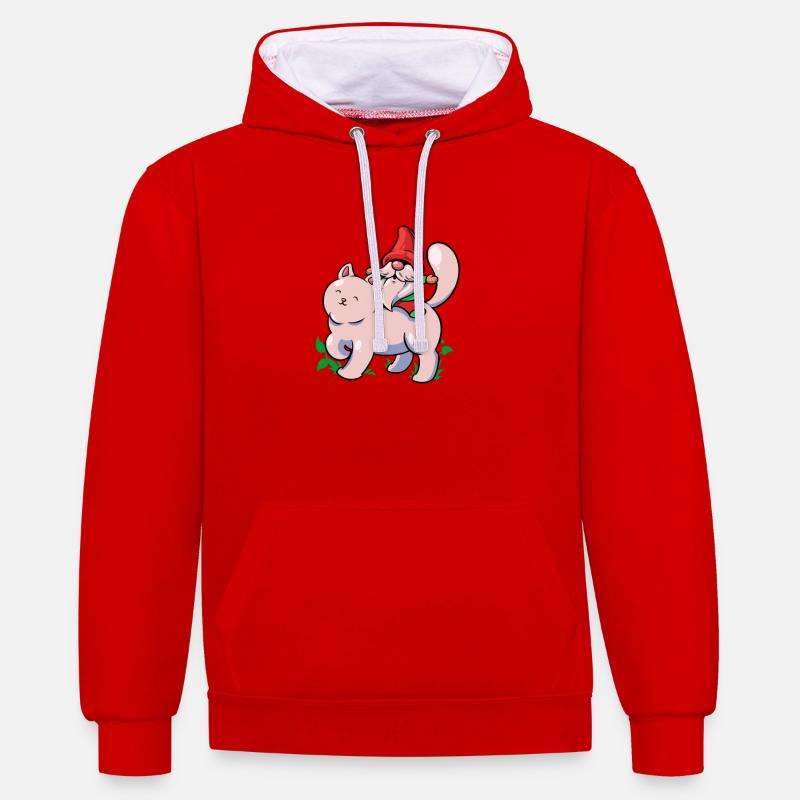 Nain de jardin balade chat - Sweat à capuche contrasté - rouge/blanc