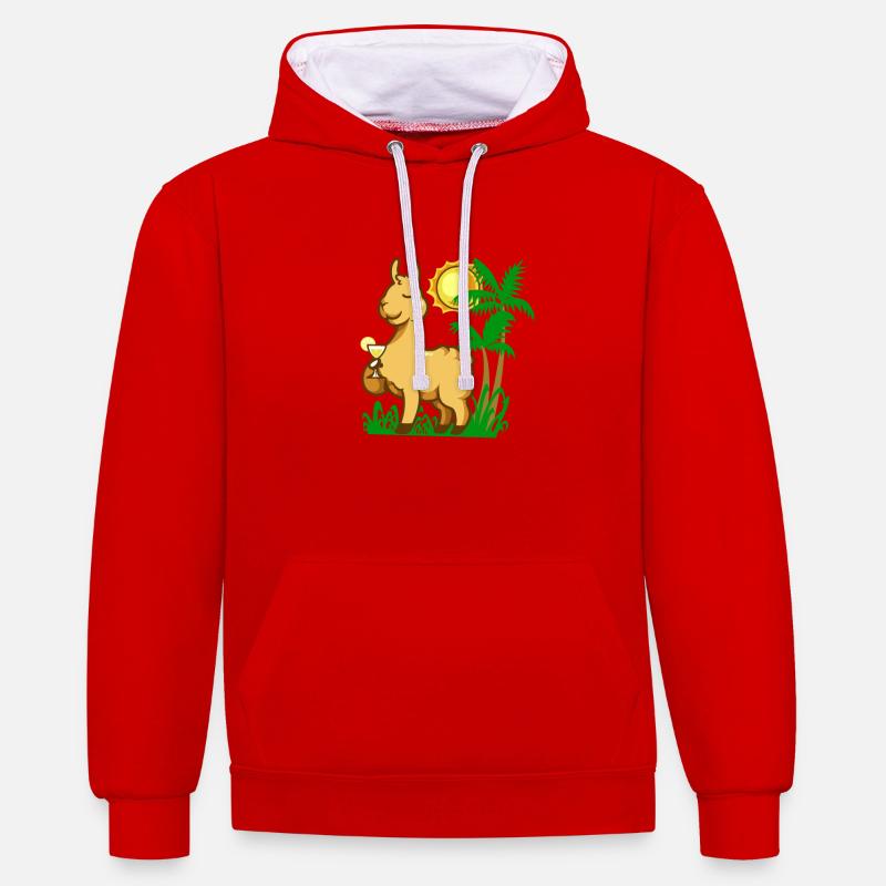 Comic Lama dégustant un cocktail - Sweat à capuche contrasté - rouge/blanc
