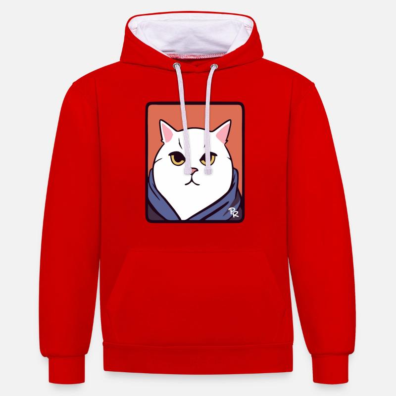 Gros chat blanc gras - Sweat à capuche contrasté - rouge/blanc