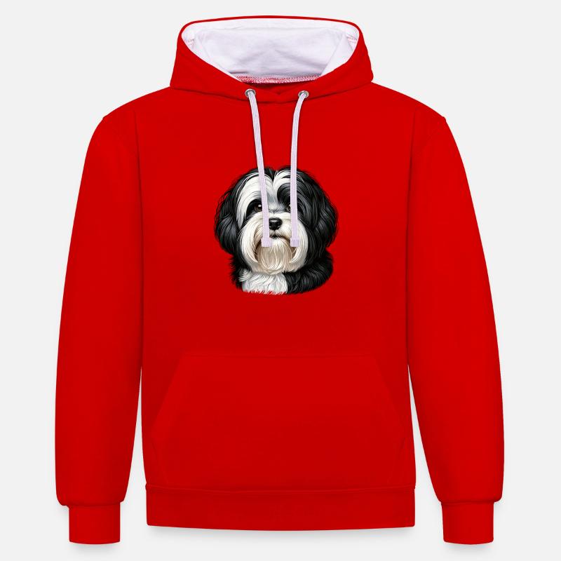 Visage de chien - Bichon havanais - Sweat à capuche contrasté - rouge/blanc