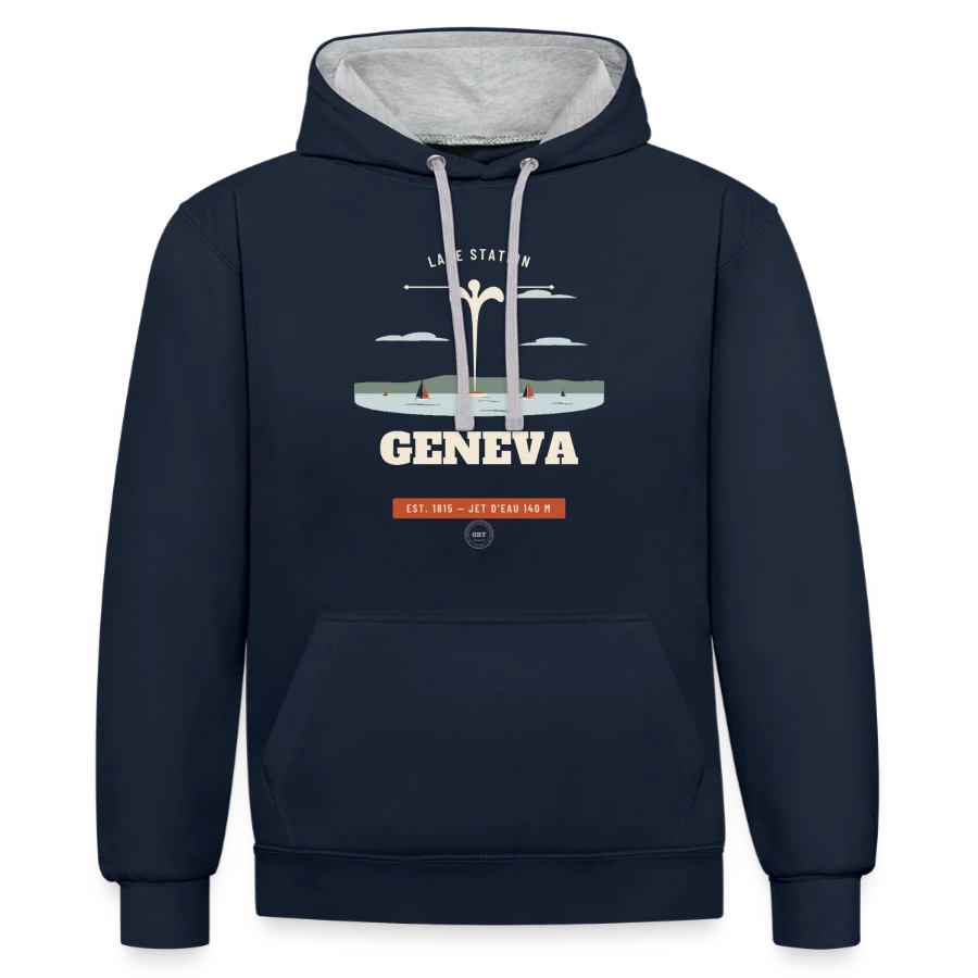 Geneva badge on a contrast hoodie, navy/heather grey