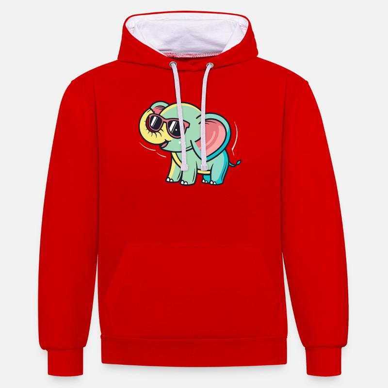 Éléphant pastel à lunettes - Sweat à capuche contrasté - rouge/blanc