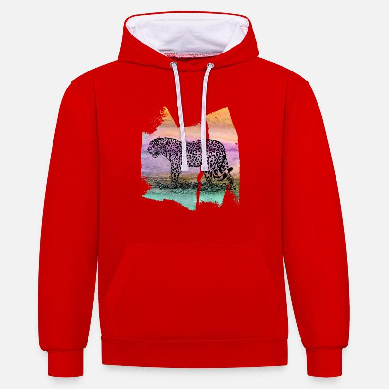 T-shirt léopard jaguar tigre cadeau - Sweat à capuche contrasté - rouge/blanc