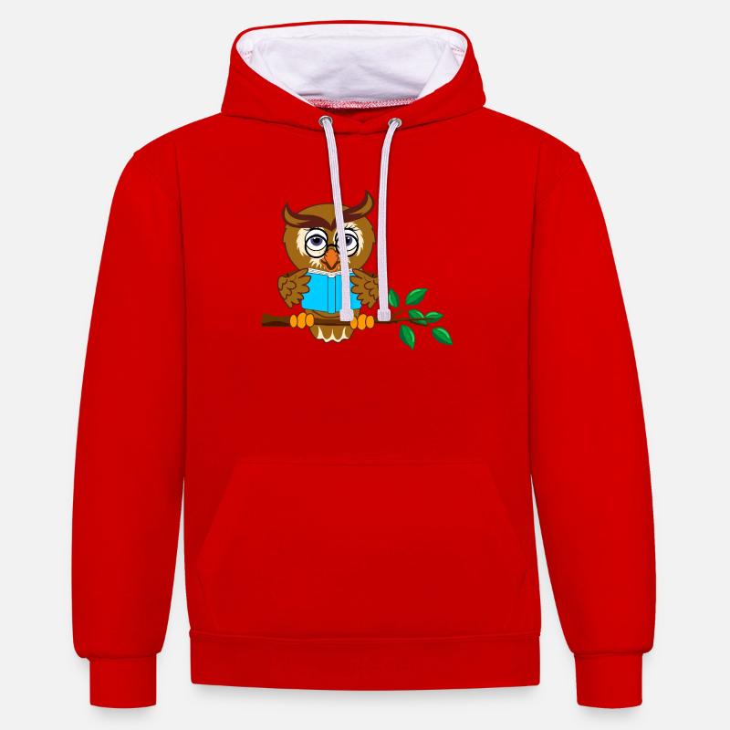 Ast Eule mit blauem Buch - Kontrast-Hoodie - Rot/Weiß