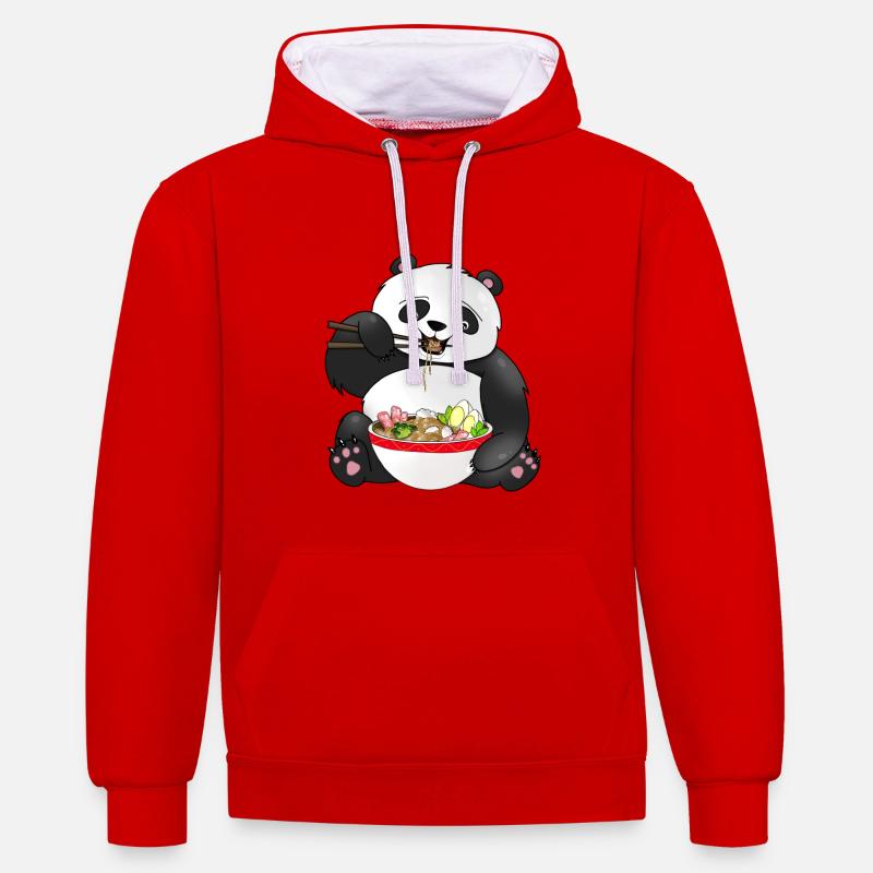Panda mignon mangeant des nouilles - Sweat à capuche contrasté - rouge/blanc