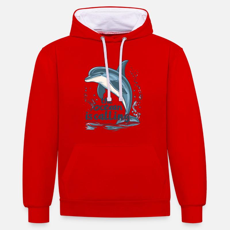 L’appel de l’océan - Dauphin - Sweat à capuche contrasté - rouge/blanc