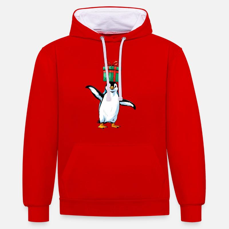 Pingouin avec cadeau sur la tête - Sweat à capuche contrasté - rouge/blanc