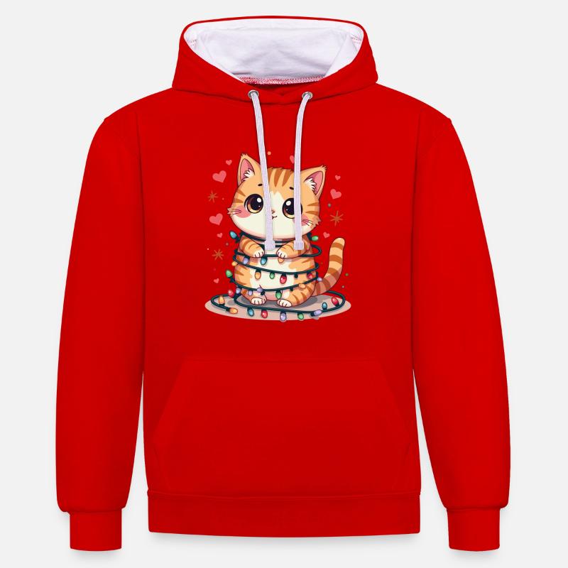 Chat de Noël - Sweat à capuche contrasté - rouge/blanc